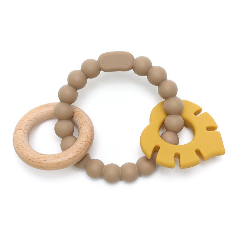 LittleMy™ |Soft & Hard | Leaf RATTLE Wood & Silicone Teether | Khaki & Oker
