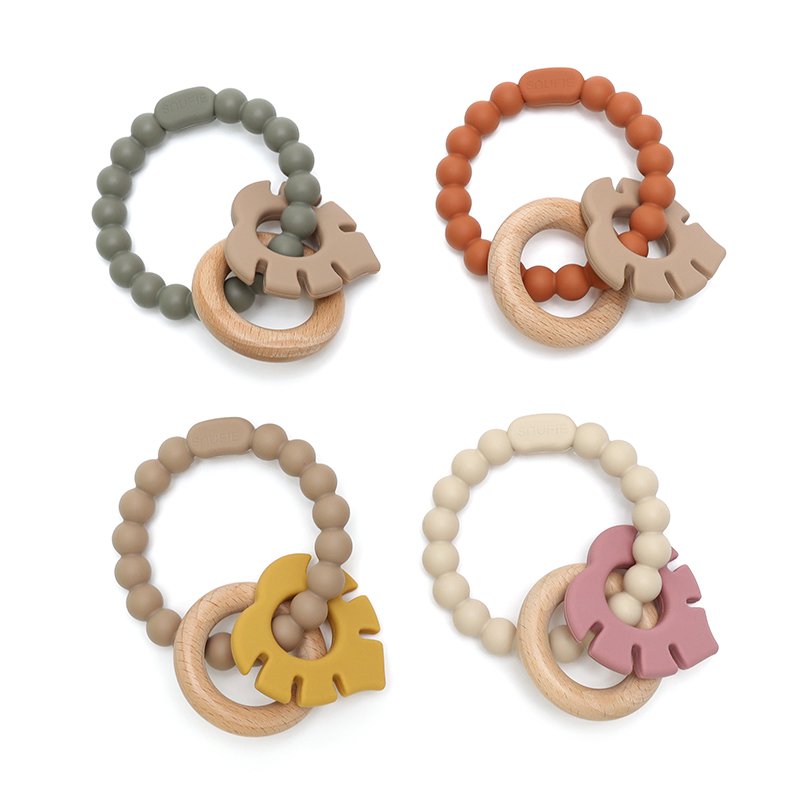 LittleMy™ |Soft & Hard | Leaf RATTLE Wood & Silicone Teether | Khaki & Oker