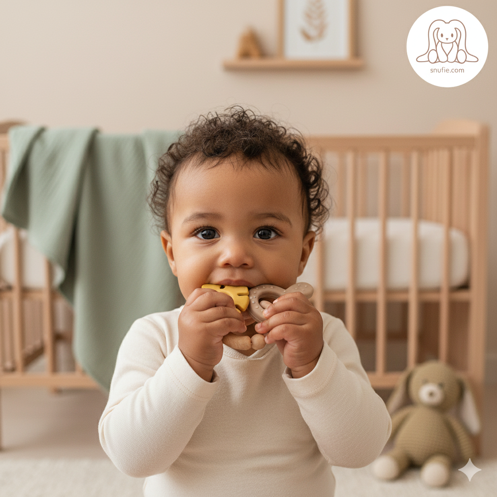 LittleMy™ |Soft & Hard | Leaf RATTLE Wood & Silicone Teether | Khaki & Oker