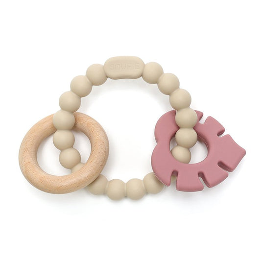 LittleMy |Soft & Hard | Leaf RATTLE Wood & Silicone Teether | Sand & Rose